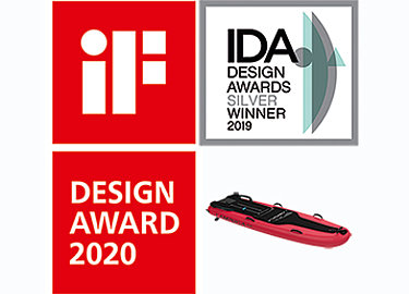 Das iF Logo neben dem IDA Design Award und dem roten elektronischen Lampuga Air Jetboard