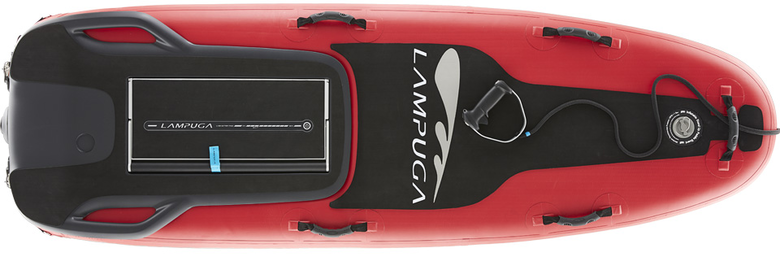 Top view of a red Lampuga Air Jetboard with remote control and handle